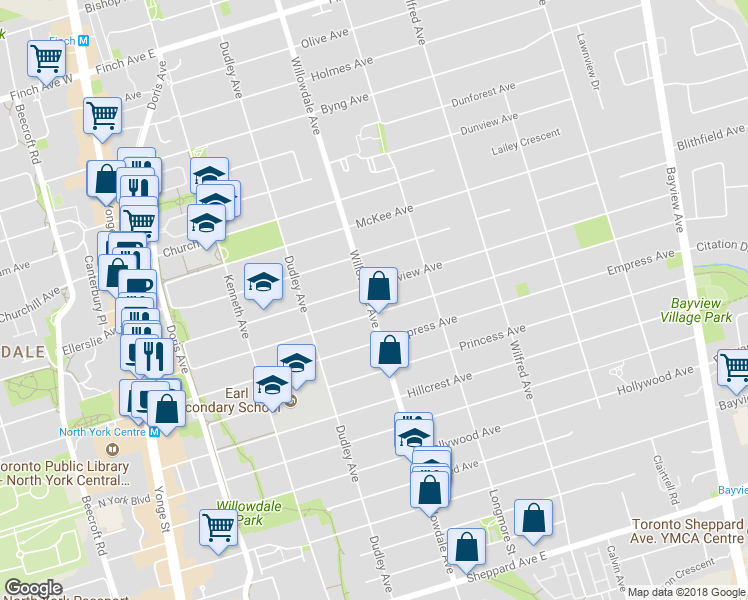 map of restaurants, bars, coffee shops, grocery stores, and more near 335 Willowdale Avenue in Toronto