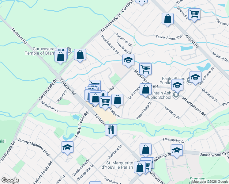 map of restaurants, bars, coffee shops, grocery stores, and more near 33 Frostbite Lane in Brampton
