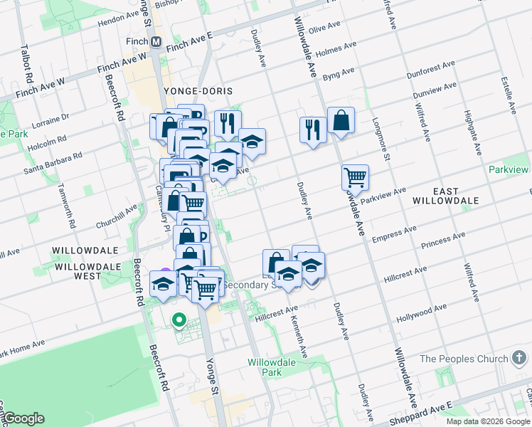 map of restaurants, bars, coffee shops, grocery stores, and more near 83 Norton Avenue in Toronto