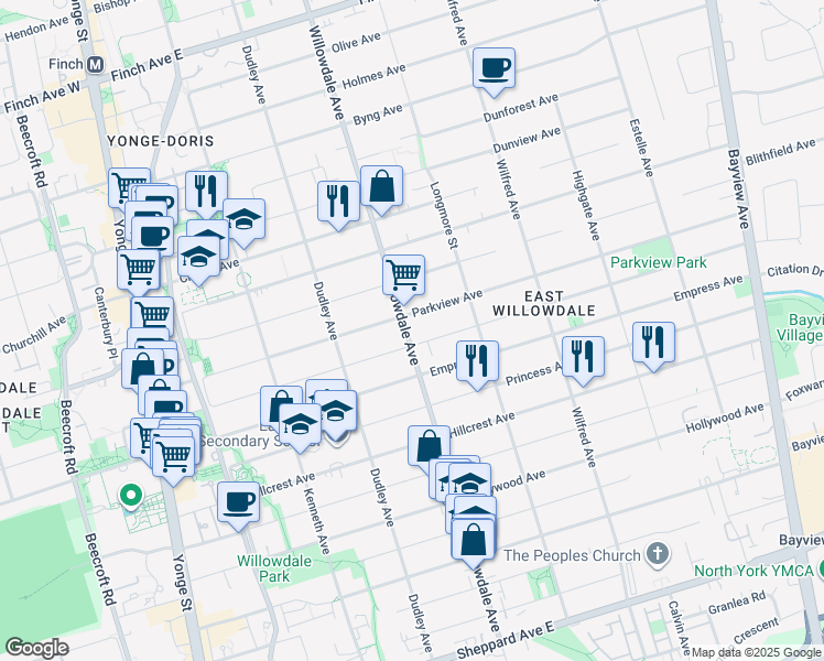 map of restaurants, bars, coffee shops, grocery stores, and more near in Toronto
