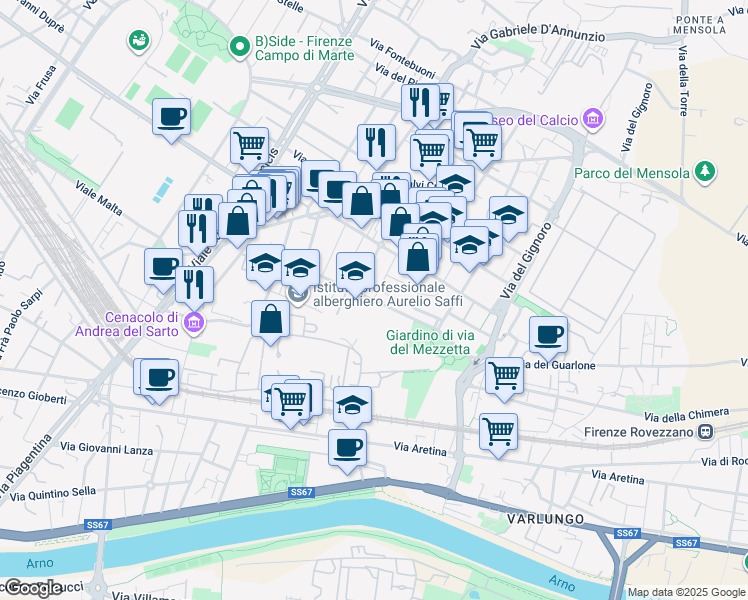 map of restaurants, bars, coffee shops, grocery stores, and more near 2 Via del Mezzetta in Coverciano