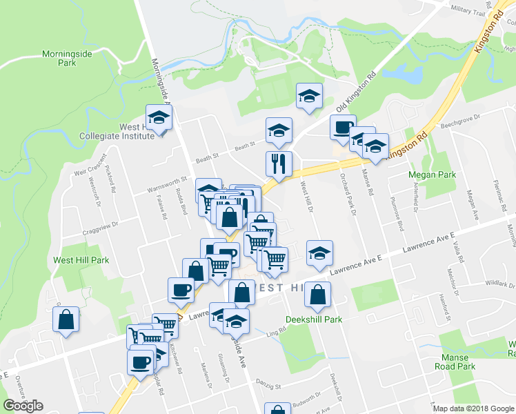 map of restaurants, bars, coffee shops, grocery stores, and more near 4560 Kingston Road in Toronto