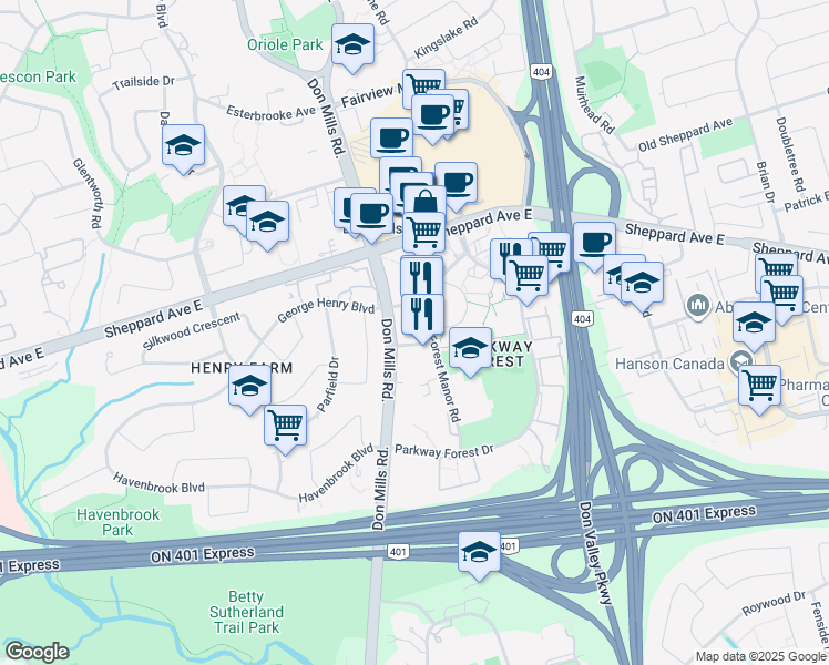 map of restaurants, bars, coffee shops, grocery stores, and more near in Toronto