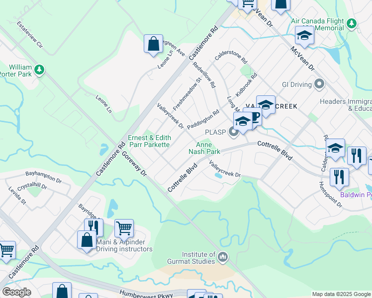 map of restaurants, bars, coffee shops, grocery stores, and more near 86 Princess Valley Crescent in Brampton
