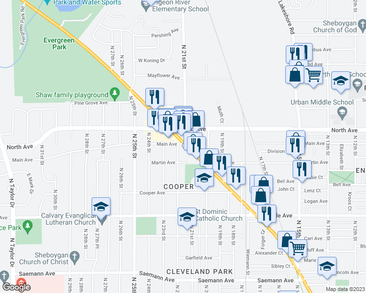 map of restaurants, bars, coffee shops, grocery stores, and more near 2127 Main Avenue in Sheboygan