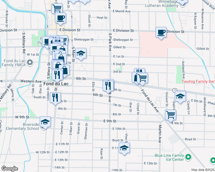 map of restaurants, bars, coffee shops, grocery stores, and more near 182 4th Street in Fond du Lac