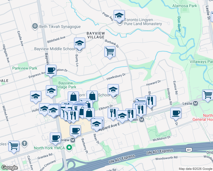 map of restaurants, bars, coffee shops, grocery stores, and more near 24 Morewood Crescent in Toronto