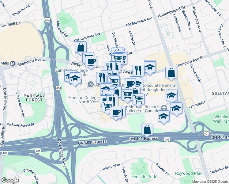 map of restaurants, bars, coffee shops, grocery stores, and more near in Toronto