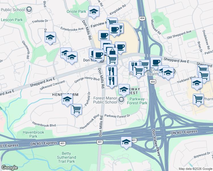 map of restaurants, bars, coffee shops, grocery stores, and more near 52 Forest Manor Road in Toronto