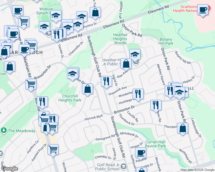 map of restaurants, bars, coffee shops, grocery stores, and more near 885 Scarborough Golf Club Road in Toronto