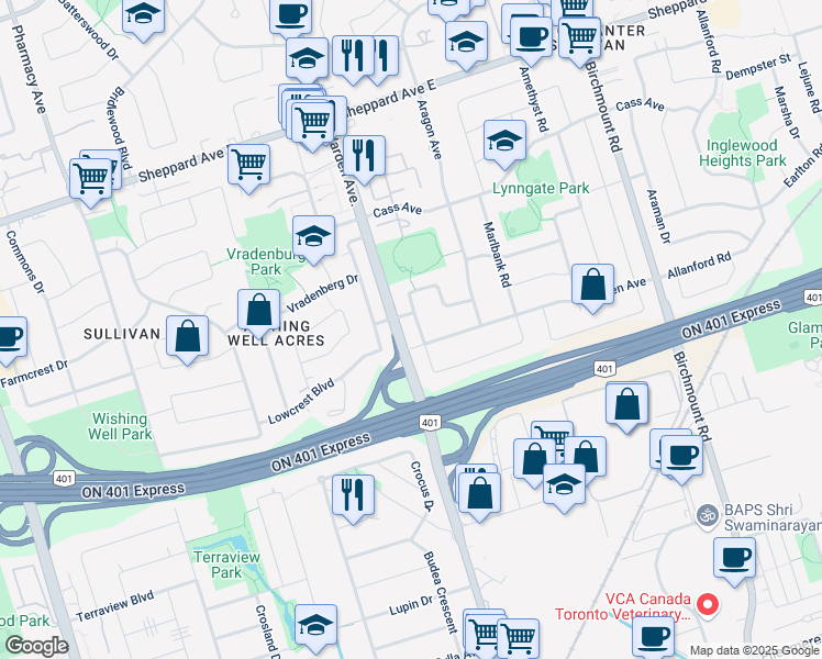 map of restaurants, bars, coffee shops, grocery stores, and more near 8 Arkona Drive in Toronto
