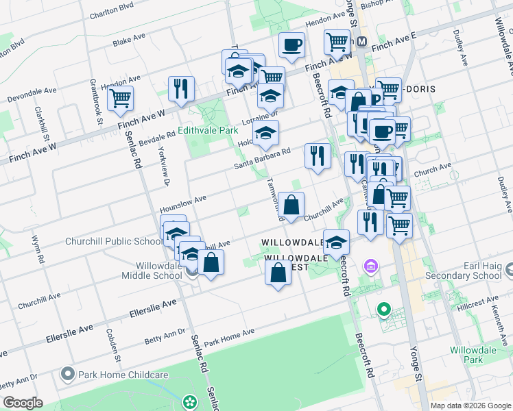 map of restaurants, bars, coffee shops, grocery stores, and more near 143 Horsham Avenue in Toronto