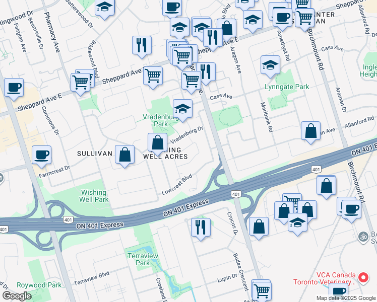 map of restaurants, bars, coffee shops, grocery stores, and more near 47 Shrewsbury Square in Toronto