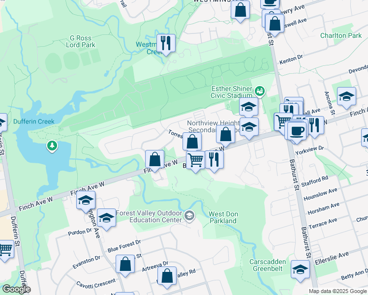map of restaurants, bars, coffee shops, grocery stores, and more near 10 Torresdale Avenue in Toronto