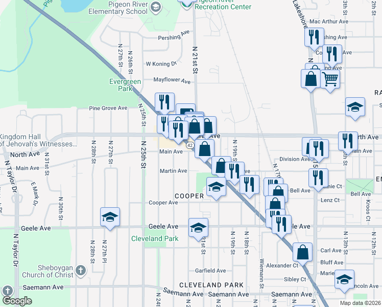 map of restaurants, bars, coffee shops, grocery stores, and more near 2127 Main Avenue in Sheboygan