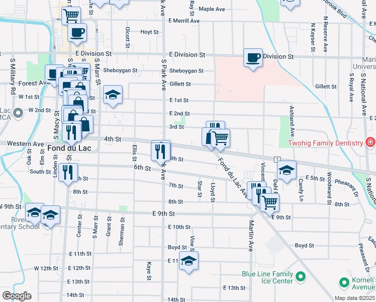 map of restaurants, bars, coffee shops, grocery stores, and more near 260 4th St in Fond du Lac
