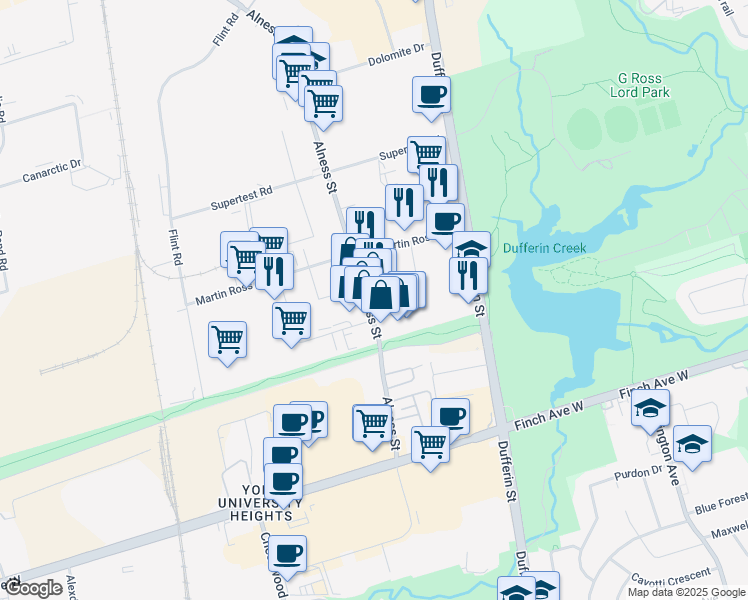 map of restaurants, bars, coffee shops, grocery stores, and more near 61 Alness Street in Toronto