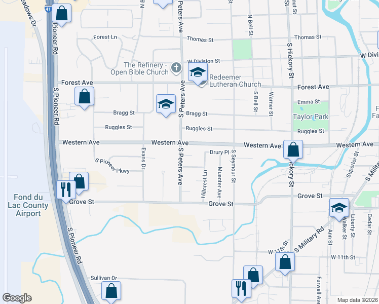 map of restaurants, bars, coffee shops, grocery stores, and more near 602 Western Avenue in Fond du Lac