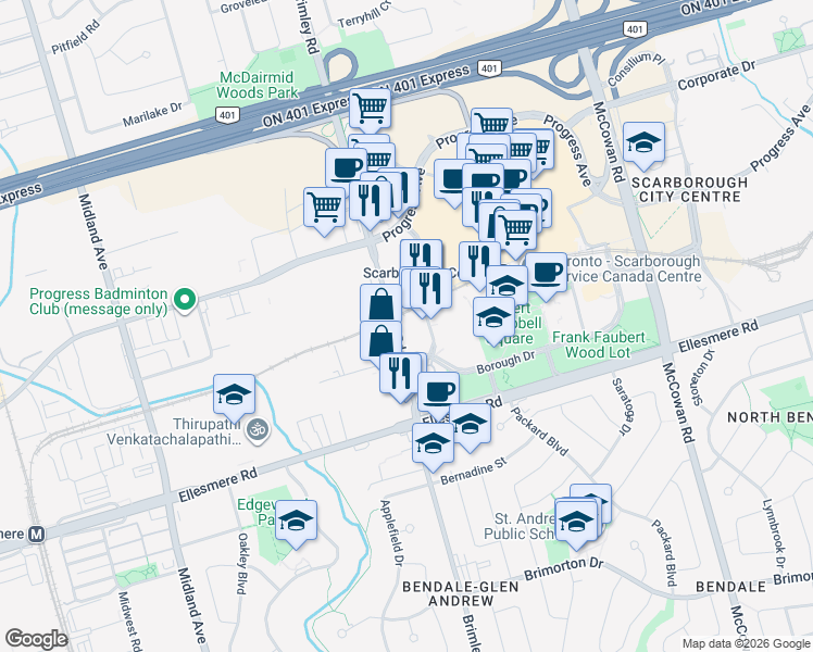 map of restaurants, bars, coffee shops, grocery stores, and more near 83 Borough Drive in Toronto
