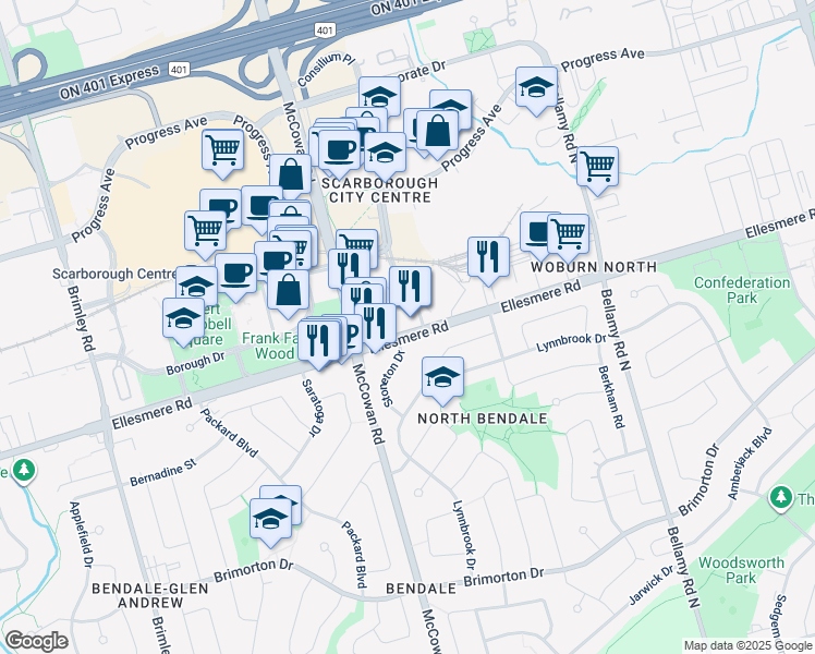 map of restaurants, bars, coffee shops, grocery stores, and more near 1680 Ellesmere Road in Toronto