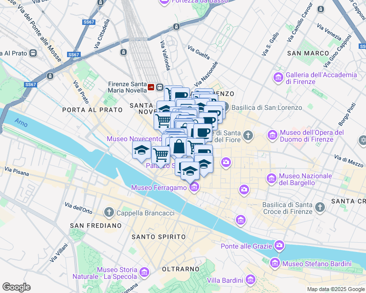 map of restaurants, bars, coffee shops, grocery stores, and more near 71 Via del Moro in Firenze