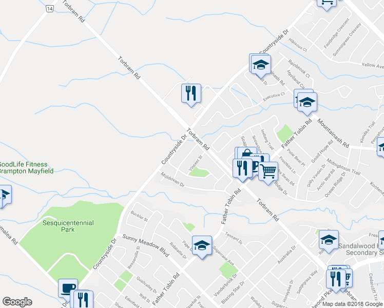 map of restaurants, bars, coffee shops, grocery stores, and more near 33 Prudhomme Drive in Brampton