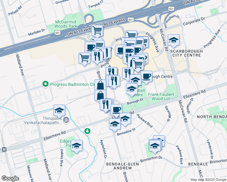 map of restaurants, bars, coffee shops, grocery stores, and more near 71 Borough Drive in Toronto