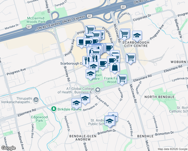 map of restaurants, bars, coffee shops, grocery stores, and more near 150 Borough Drive in Toronto