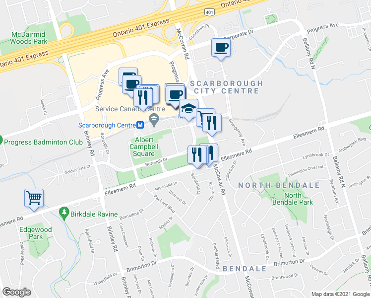 map of restaurants, bars, coffee shops, grocery stores, and more near 190 Borough Drive in Toronto