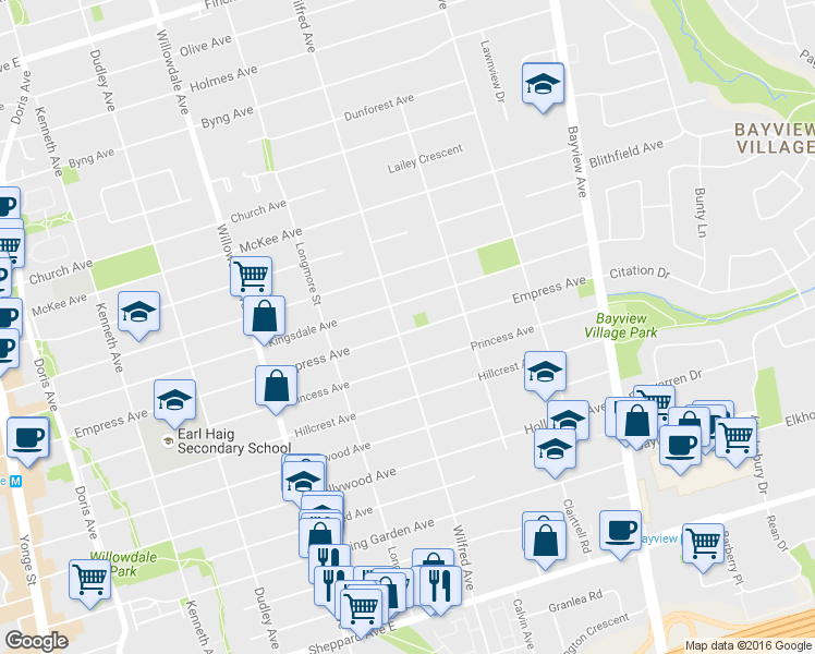 map of restaurants, bars, coffee shops, grocery stores, and more near 290 Empress Avenue in Toronto
