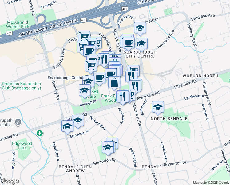 map of restaurants, bars, coffee shops, grocery stores, and more near 190 Borough Drive in Toronto