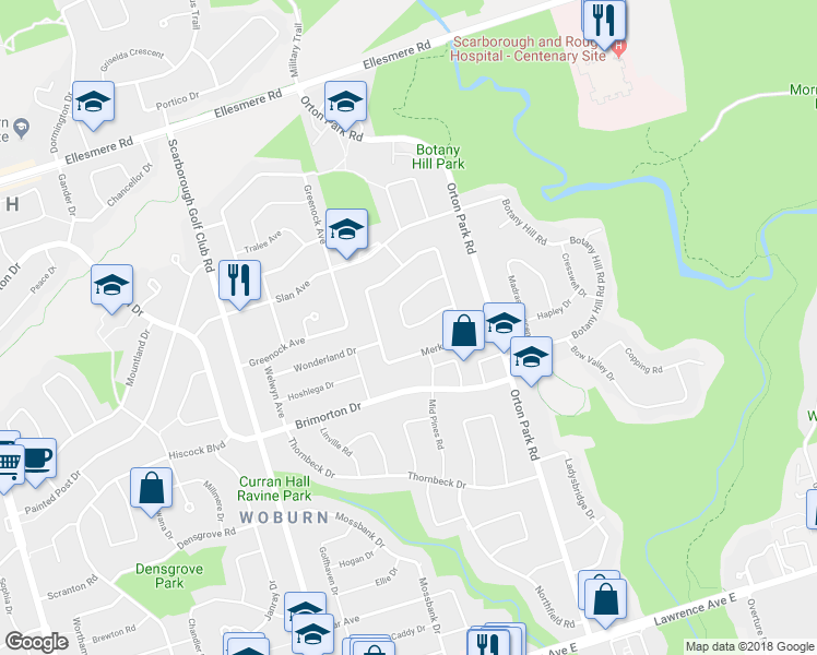 map of restaurants, bars, coffee shops, grocery stores, and more near 20 Ivy Green Crescent in Toronto