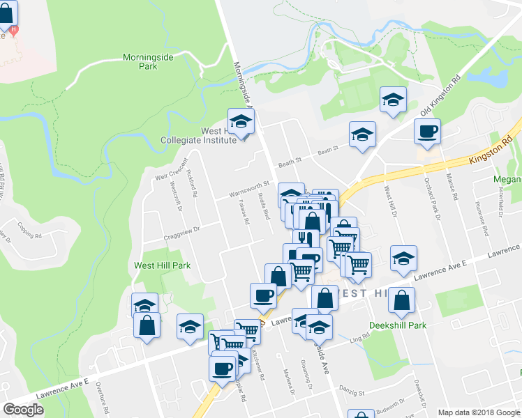 map of restaurants, bars, coffee shops, grocery stores, and more near 140 Rodda Boulevard in Toronto