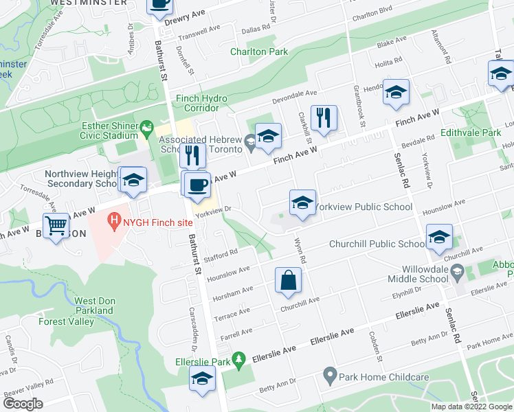 map of restaurants, bars, coffee shops, grocery stores, and more near 36 Fleetwell Court in Toronto