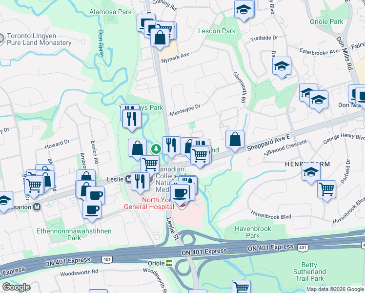 map of restaurants, bars, coffee shops, grocery stores, and more near in Toronto
