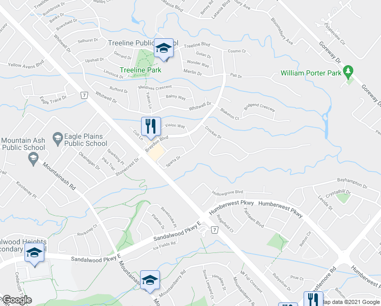 map of restaurants, bars, coffee shops, grocery stores, and more near 27 Sparta Drive in Brampton