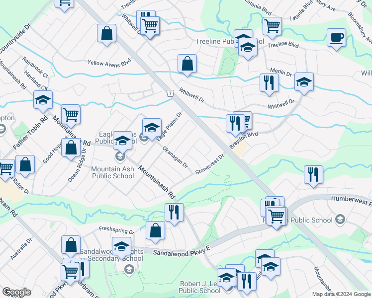 map of restaurants, bars, coffee shops, grocery stores, and more near 12 Castle Mountain Drive in Brampton
