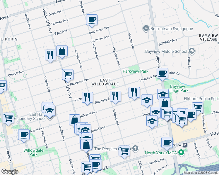 map of restaurants, bars, coffee shops, grocery stores, and more near 290 Empress Avenue in Toronto
