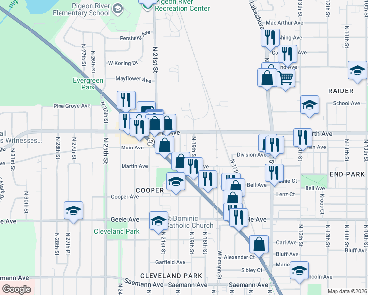 map of restaurants, bars, coffee shops, grocery stores, and more near 2613 N 20th St in Sheboygan