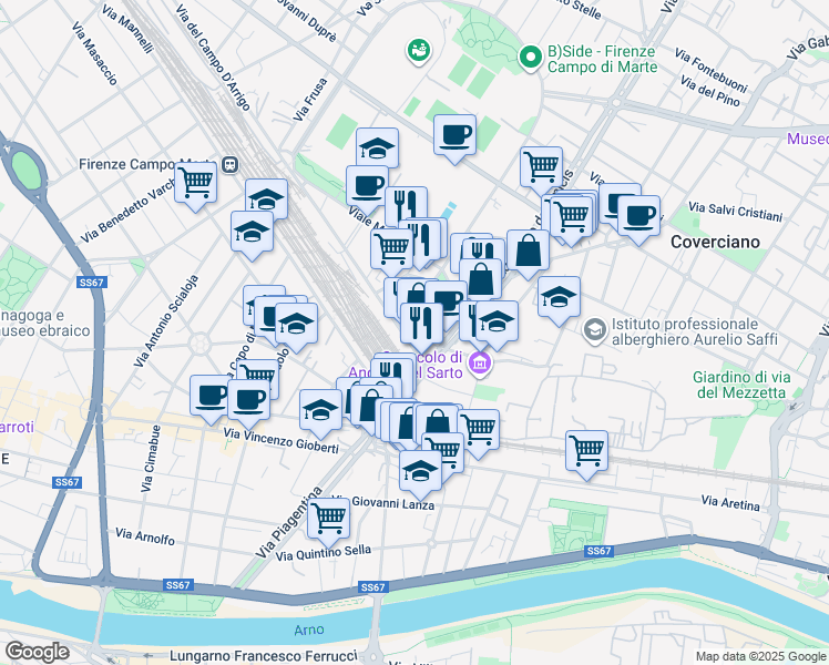 map of restaurants, bars, coffee shops, grocery stores, and more near 12 Via della Torretta in Florence