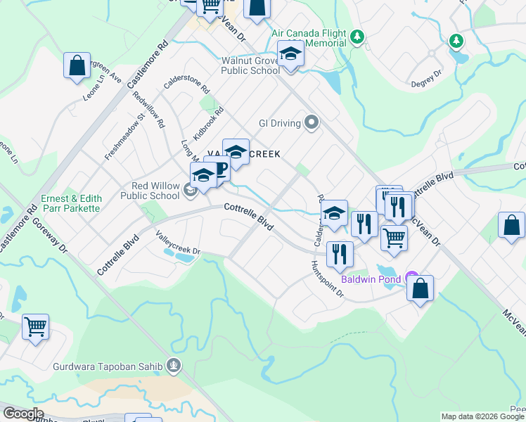 map of restaurants, bars, coffee shops, grocery stores, and more near 12 Prince Edward Boulevard in Brampton