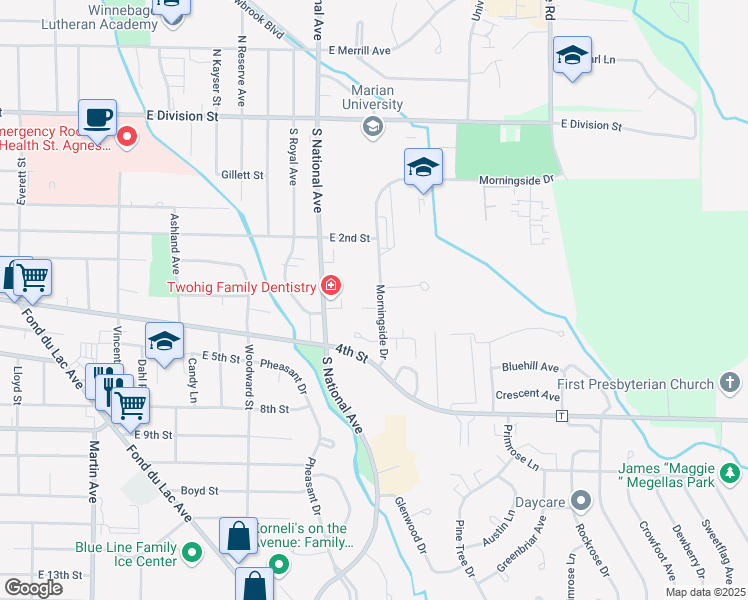 map of restaurants, bars, coffee shops, grocery stores, and more near 202 Morningside Drive in Fond du Lac