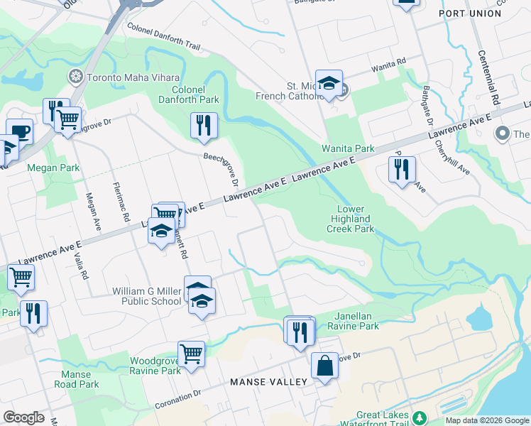 map of restaurants, bars, coffee shops, grocery stores, and more near 237 Beechgrove Drive in Toronto