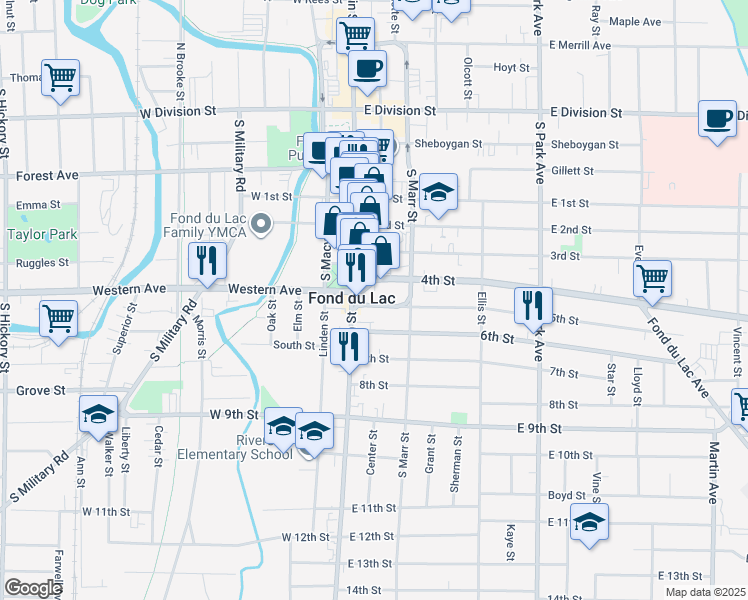 map of restaurants, bars, coffee shops, grocery stores, and more near 27 5th Street in Fond du Lac