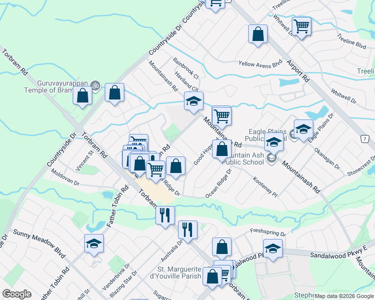map of restaurants, bars, coffee shops, grocery stores, and more near 18 Snowdrift Trail in Brampton