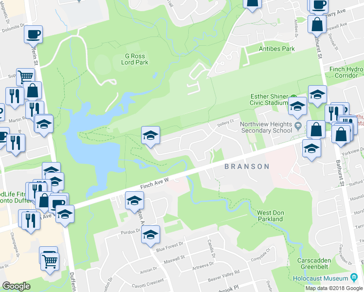 map of restaurants, bars, coffee shops, grocery stores, and more near 65 Henry Welsh Drive in Toronto