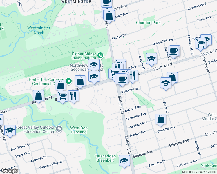 map of restaurants, bars, coffee shops, grocery stores, and more near in Toronto