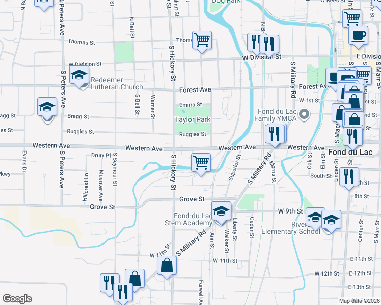 map of restaurants, bars, coffee shops, grocery stores, and more near 370 Western Avenue in Fond du Lac