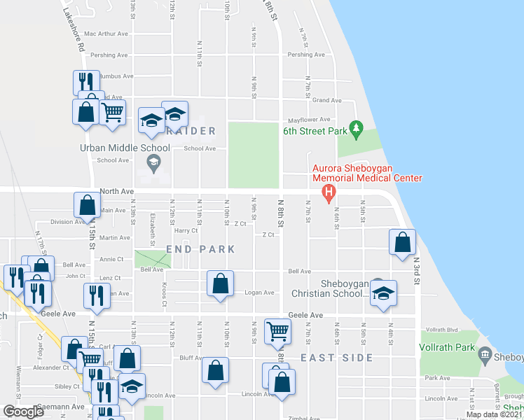 map of restaurants, bars, coffee shops, grocery stores, and more near 2621 North 9th Street in Sheboygan