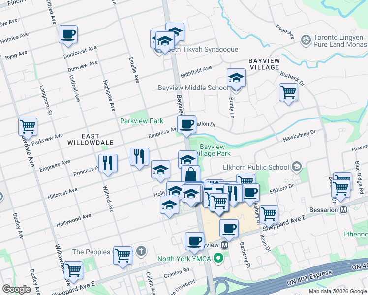 map of restaurants, bars, coffee shops, grocery stores, and more near 2970 Bayview Avenue in Toronto